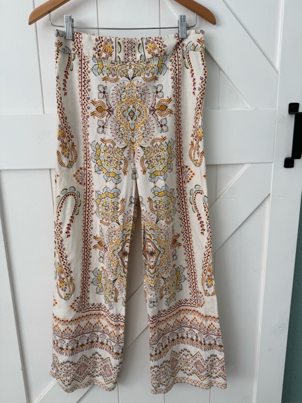 ZARA PRINTED LINEN BLEND MINI FLARE PANTS MULTICOLOR Small